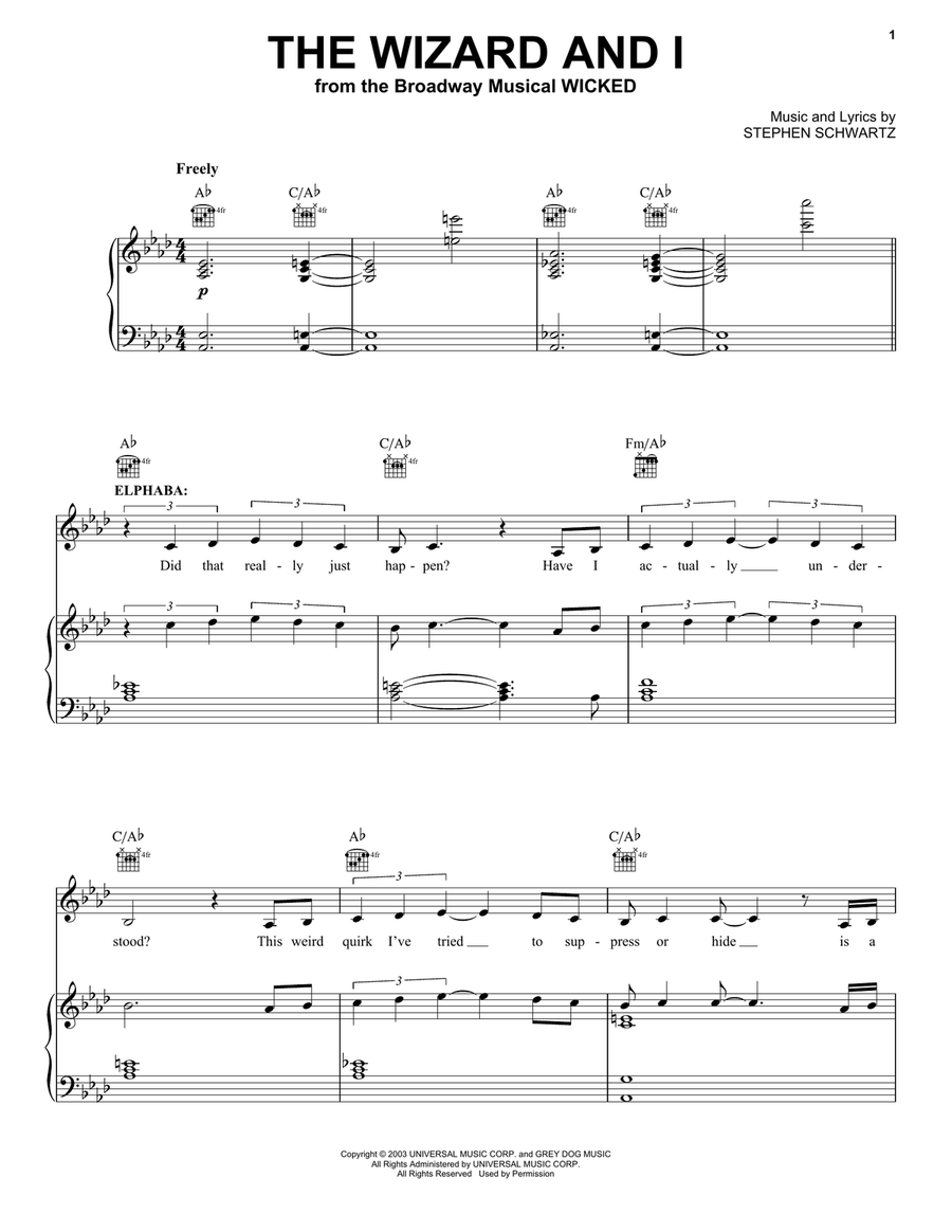 The Wizard And I (from Wicked) Piano, Vocal, Guitar scores gallery preview page 1