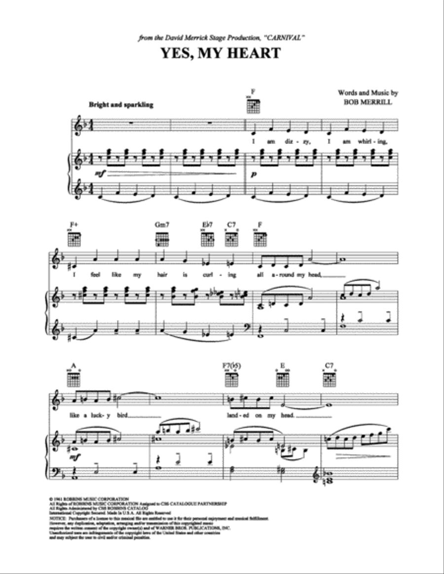 Yes, My Heart Yes, My Heart Piano, Vocal, Guitar scores gallery preview page 1