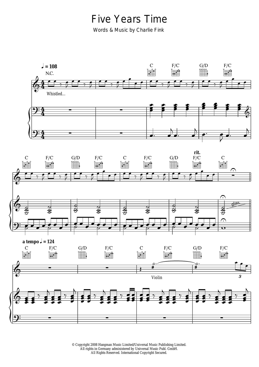 5 Years Time Piano, Vocal, Guitar scores gallery preview page 1