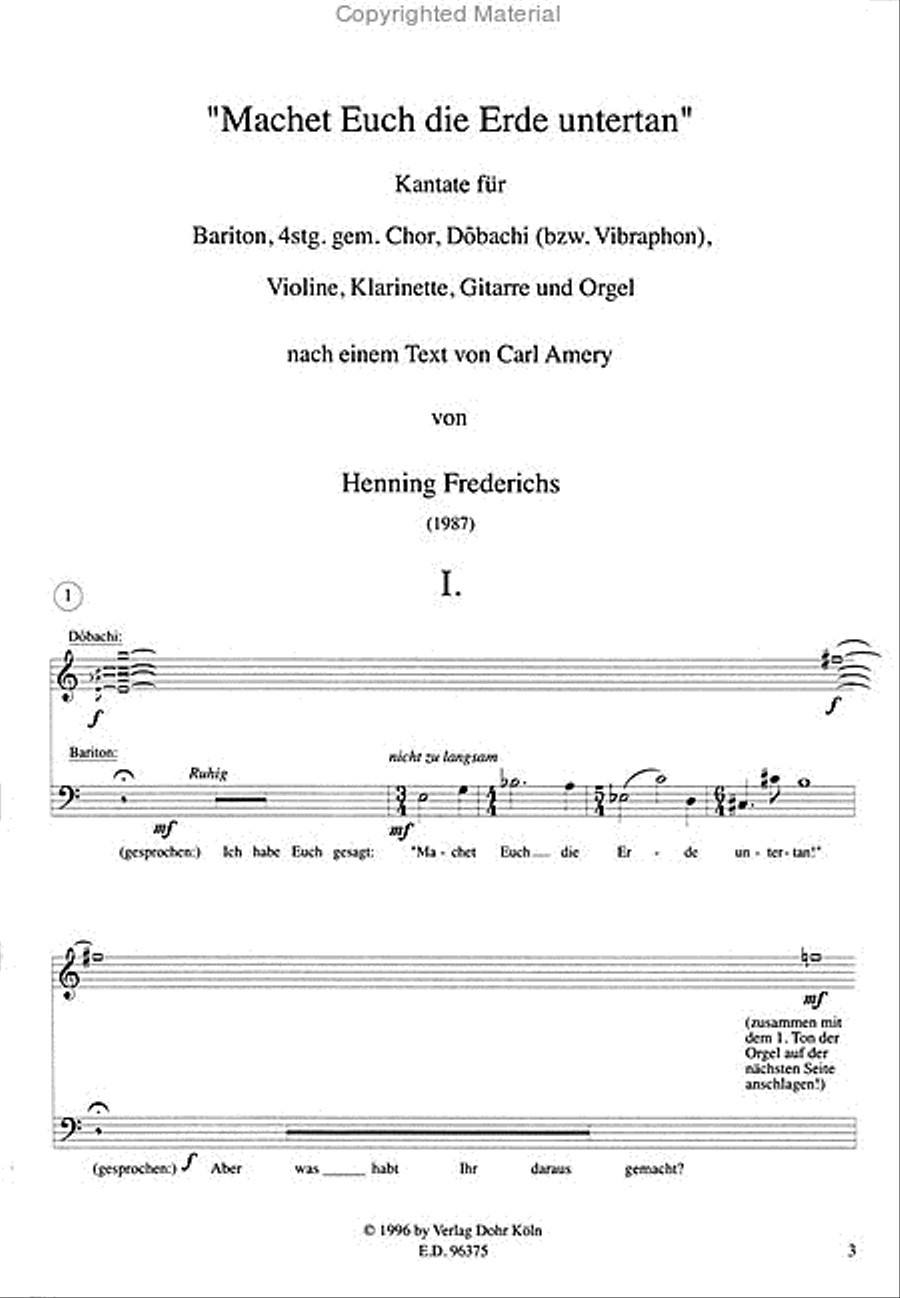 Machet euch die Erde untertan (1987) -Kantate nach einem Text von Carl Amery für Bariton, Chor (SATB), Dobachi (Vibraphon), Violine, Klarinette, Gitarre und Orgel- 4-Part scores gallery preview page 2