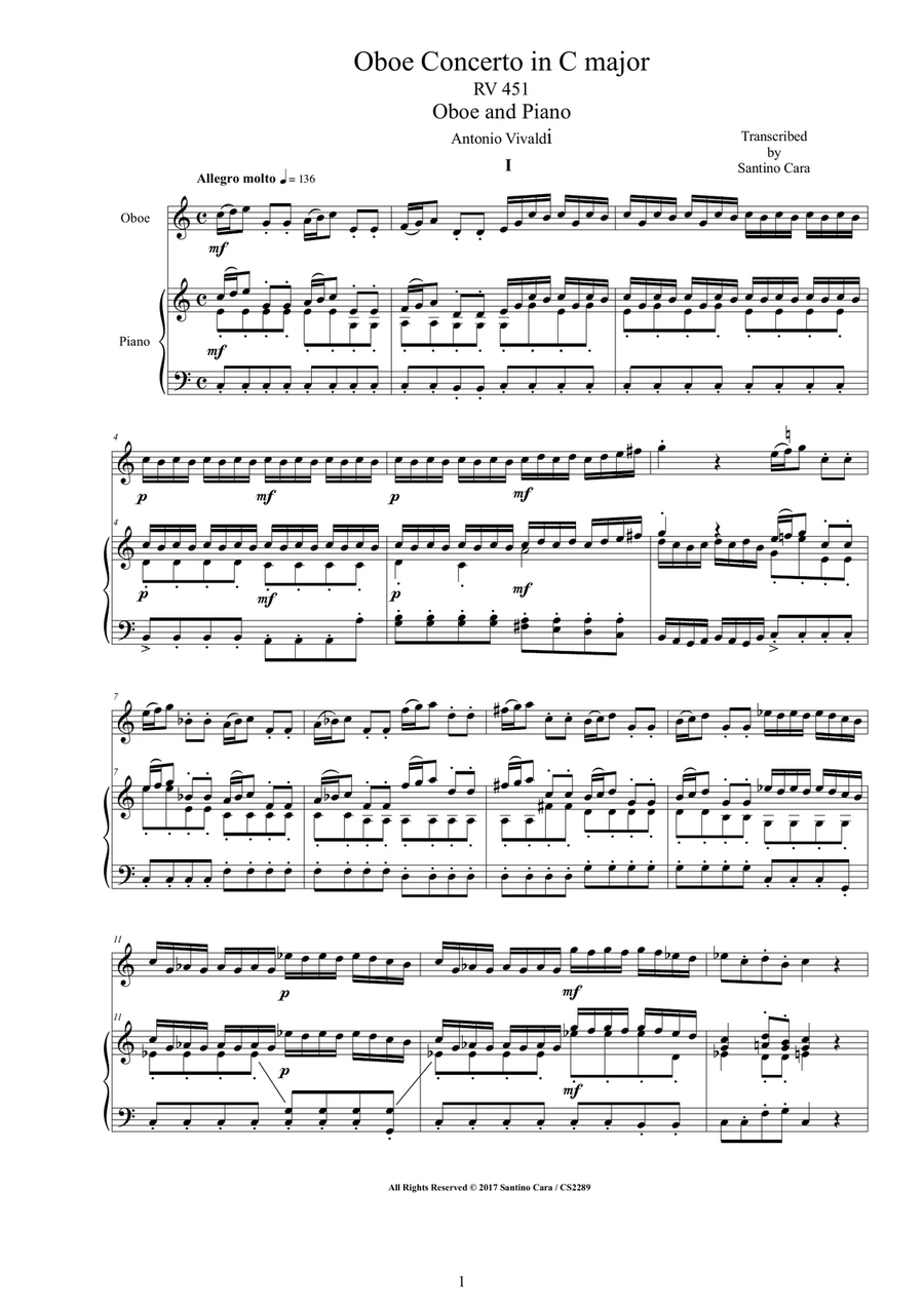Vivaldi - Oboe Concerto in C major RV 451 for Oboe and Piano Piano scores gallery preview page 1
