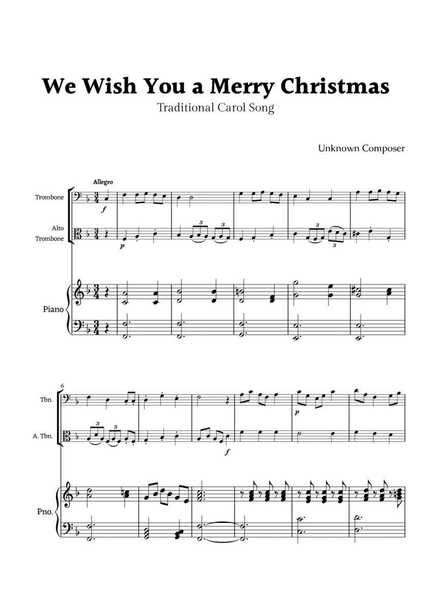 We Wish you a Merry Christmas for Trombone and Alto Trombone Duet with Piano image number null