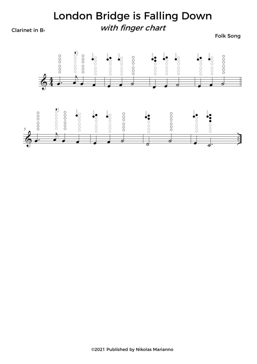 London bridge is falling down for beginner clarinet with finger chart Clarinet Solo scores gallery preview page 1