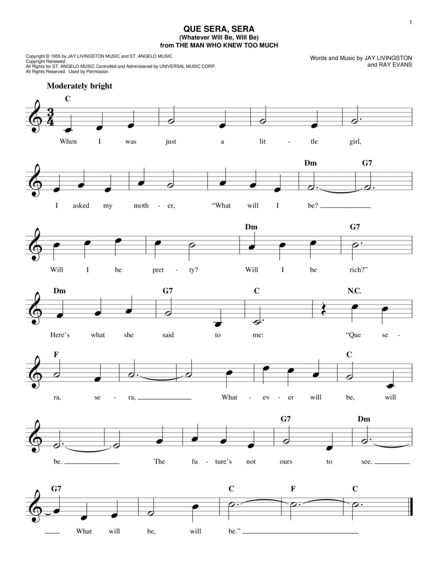 Que Sera, Sera (Whatever Will Be, Will Be) Piano scores gallery preview page 1