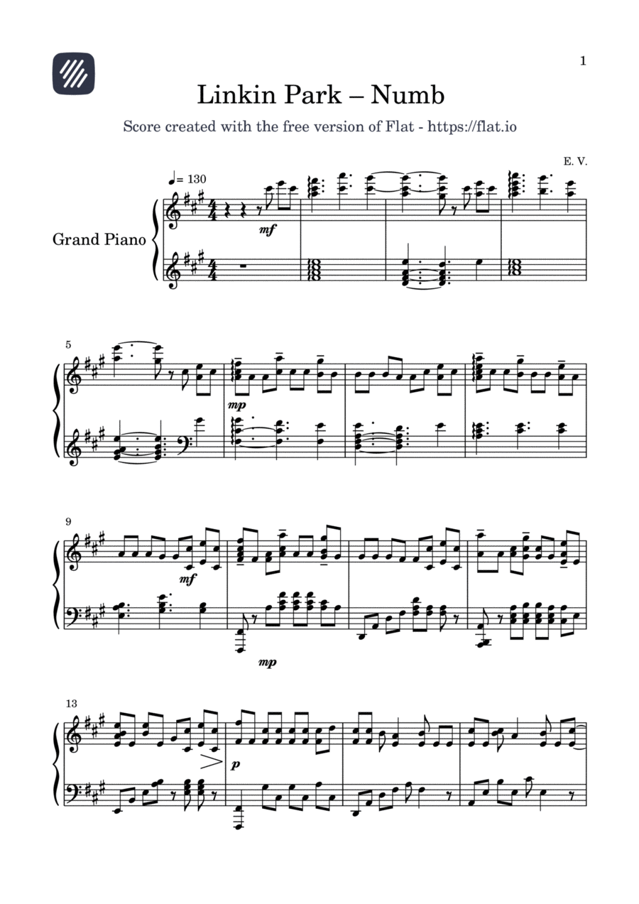 Numb Piano Solo scores gallery preview page 1