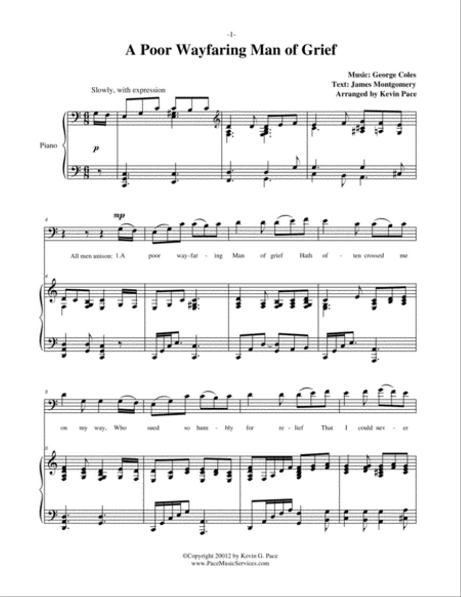 A Poor Wayfaring Man of Grief - Men's Quartet or Men's Choir with piano accompaniment TTBB scores gallery preview page 2