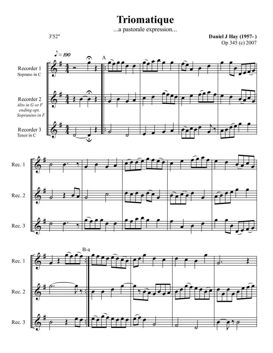 Triomatique (Opus 345) Soprano, Alto, Tenor Recorder - Score Only image number null