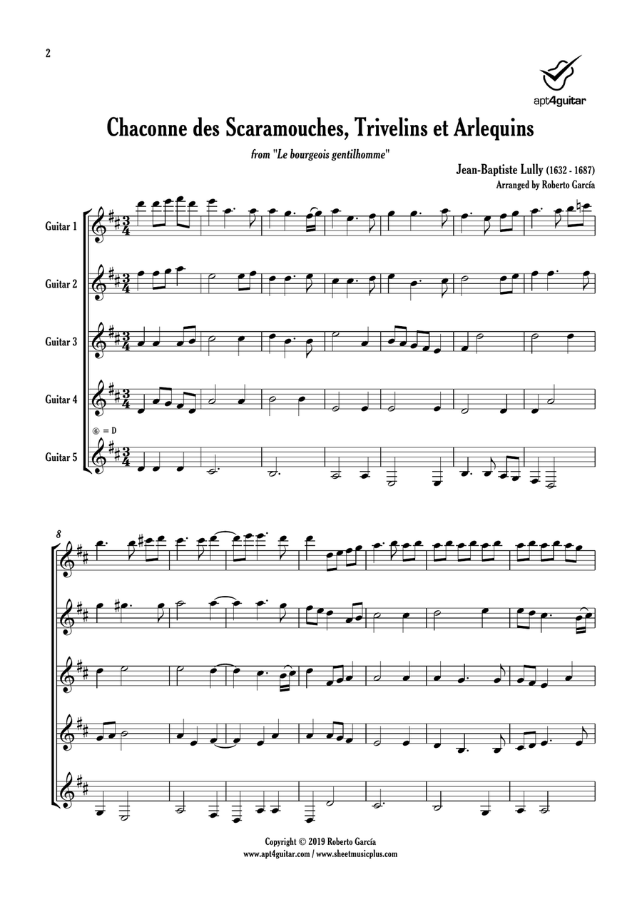 Chaconne des Scaramouches, Trivelins et Arlequins Guitar Ensemble scores gallery preview page 2