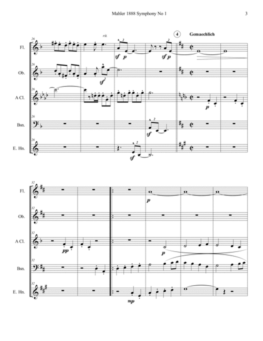 Mahler 1888 Symphony No 1 1st Movement Themes Woodwind Quintet Score and Parts