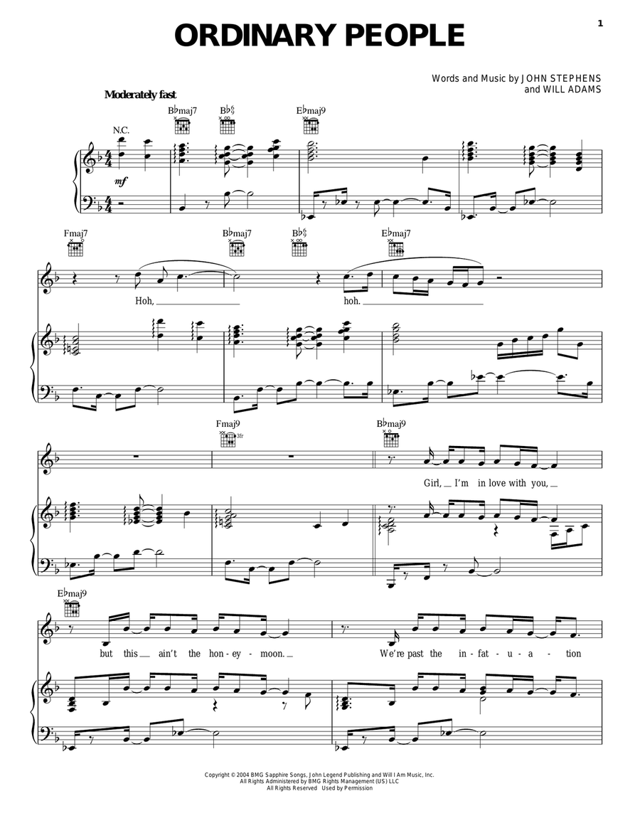 Ordinary People Piano, Vocal, Guitar scores gallery preview page 1