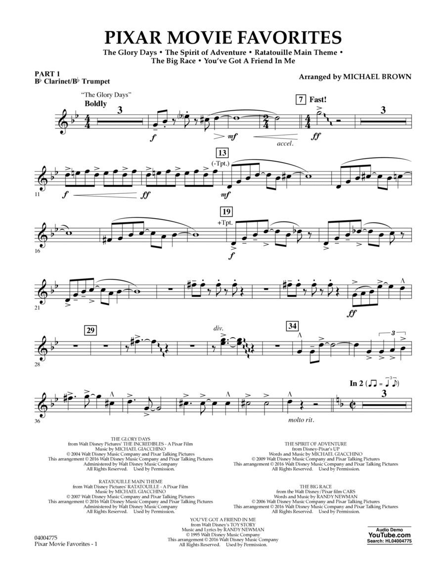 Pixar Movie Favorites - Pt.1 - Bb Clarinet/Bb Trumpet Concert Band scores gallery preview page 1