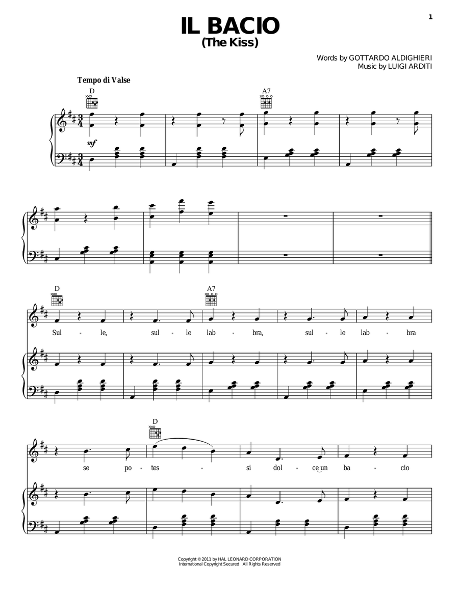 Il Bacio (The Kiss) Piano, Vocal, Guitar scores gallery preview page 1