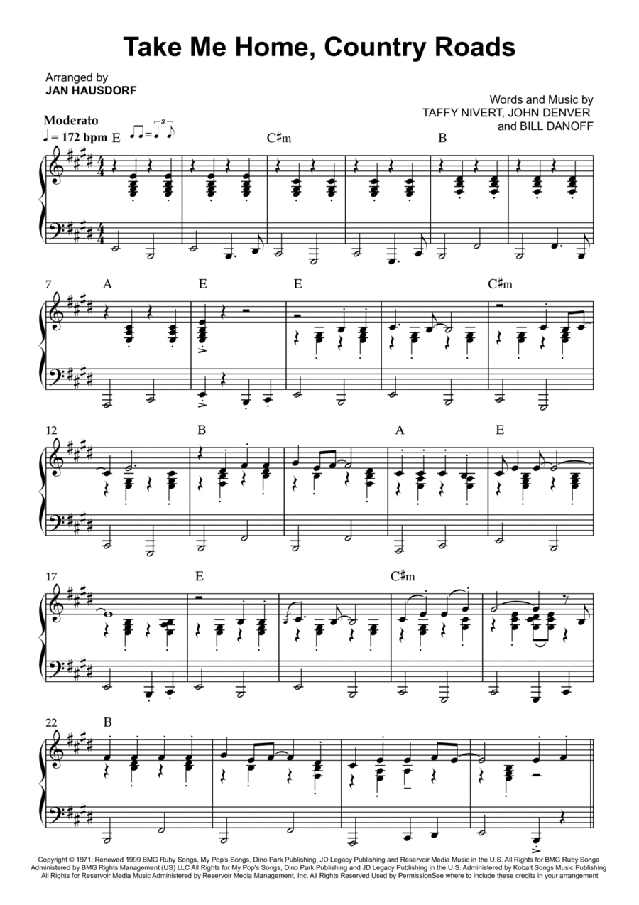 Take Me Home, Country Roads Piano Solo scores gallery preview page 1