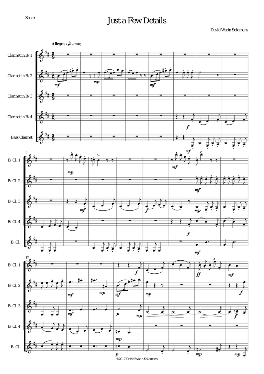 Just a Few Details for clarinet quintet (4 B flats and 1 bass) Clarinet Quintet scores gallery preview page 1