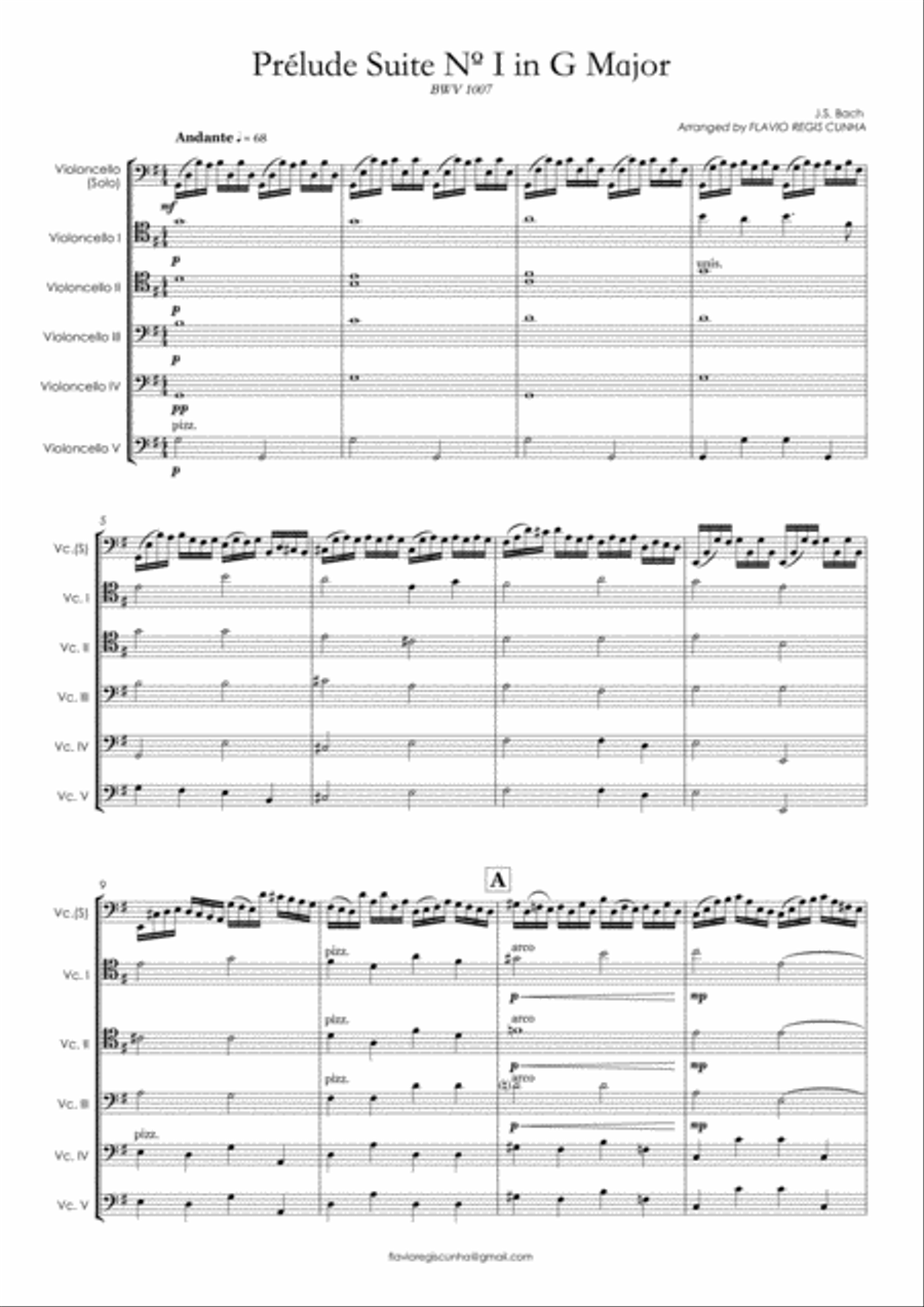 Prélude Suite Nº 1 in G Major (BWV 1007) for Cello Solo and Cello Quintet Chamber Orchestra scores gallery preview page 2