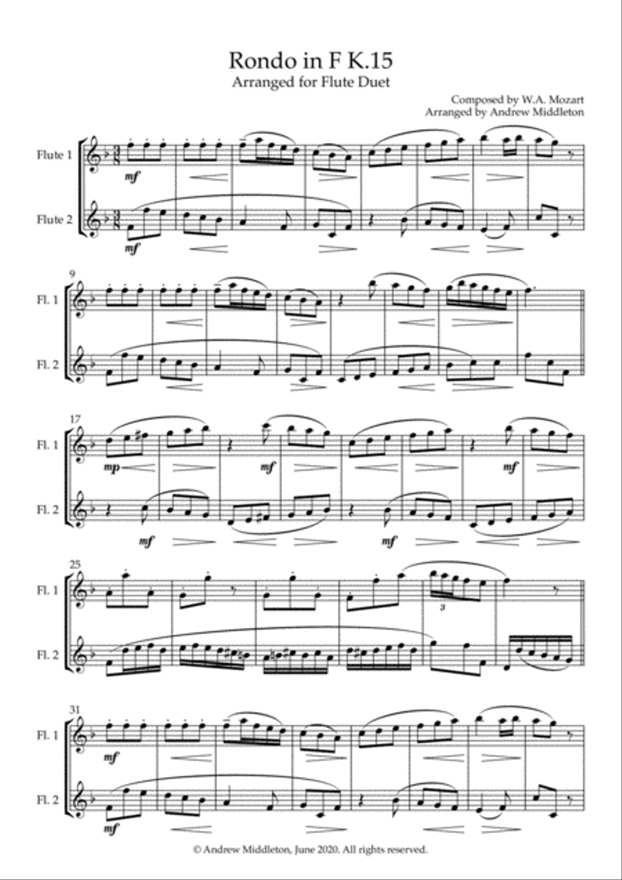 Rondo in F K.15 arranged for Flute Duet Flute Duet scores gallery preview page 3