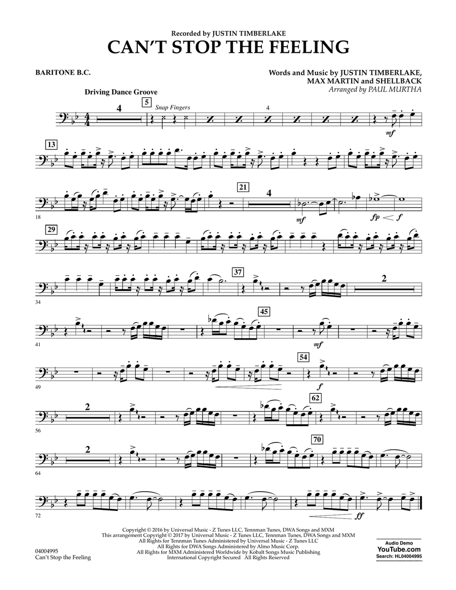 Can't Stop the Feeling - Baritone B.C. Concert Band scores gallery preview page 1