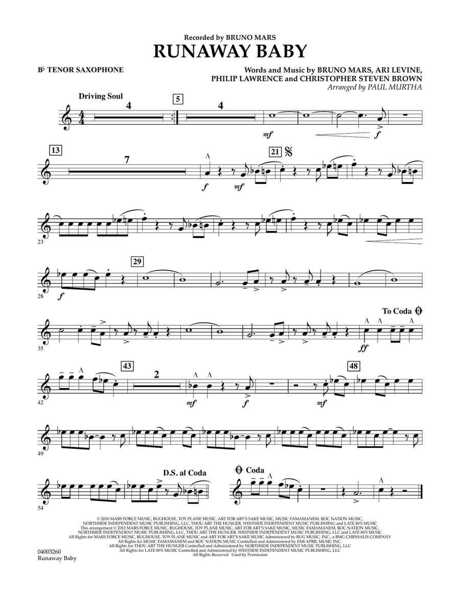 Runaway Baby - Bb Tenor Saxophone Concert Band scores gallery preview page 1