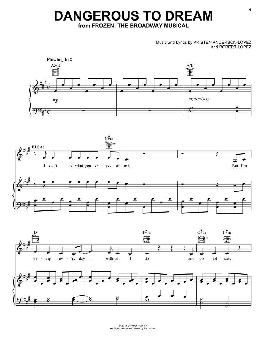 Dangerous To Dream (from Frozen: the Broadway Musical) Piano, Vocal, Guitar scores gallery preview page 1