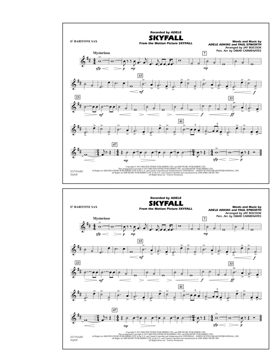 Skyfall - Eb Baritone Sax Marching Band scores gallery preview page 1