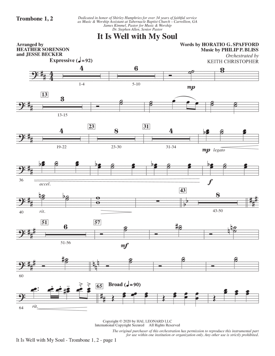 It Is Well with My Soul (arr. Heather Sorenson and Jesse Becker) - Trombone 1 & 2