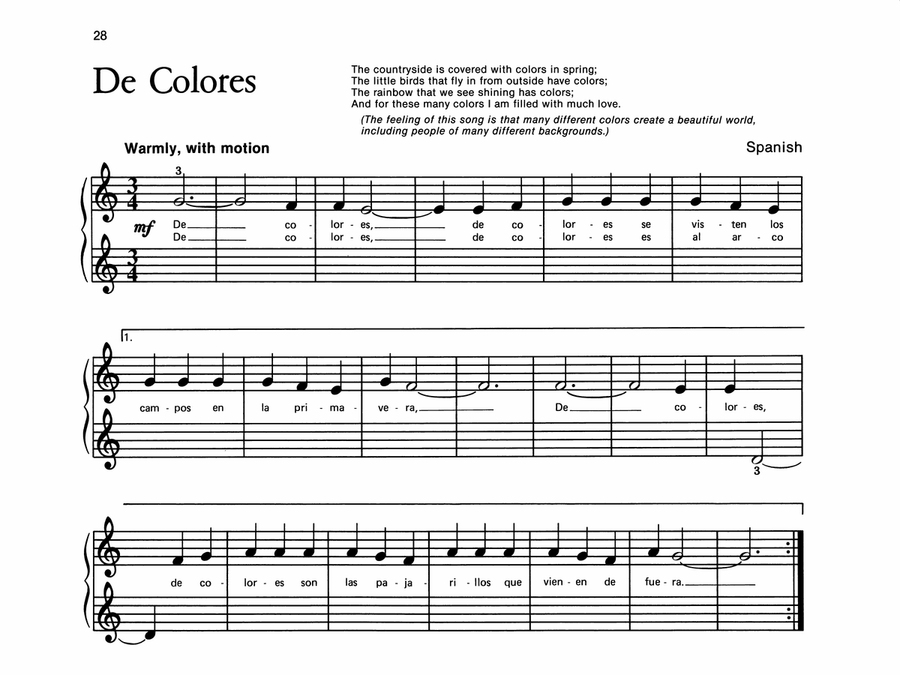 De Colores - Piano Solo with Lyrics (with Optional Duet Accompaniments) Piano scores gallery preview page 1