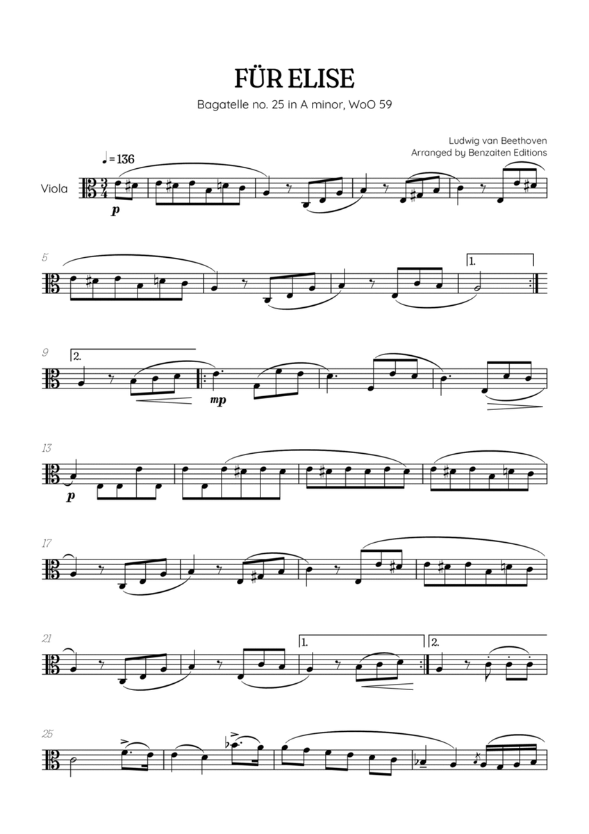 Beethoven • Für Elise / Pour Elise • viola sheet music image number null