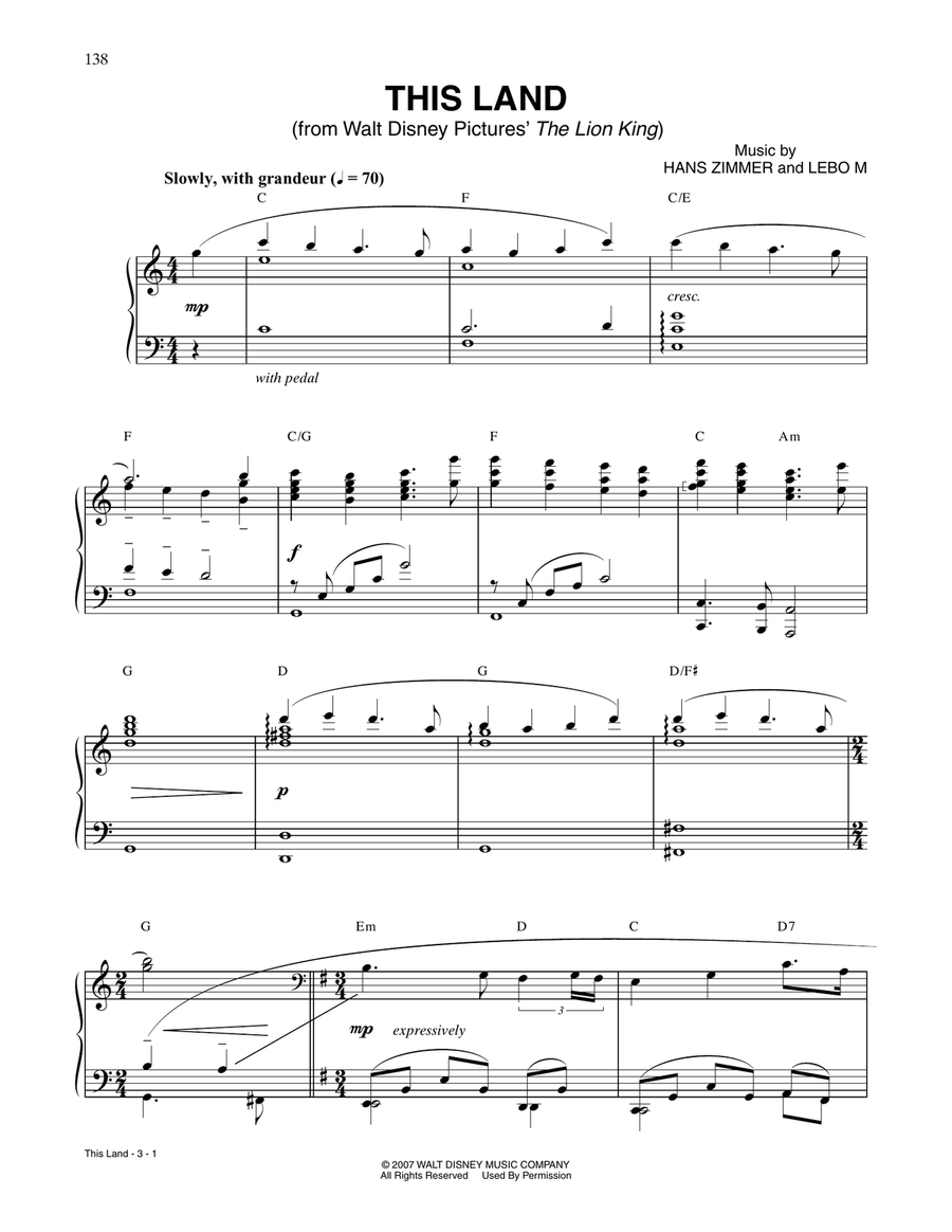 This Land (from The Lion King) Piano Solo scores gallery preview page 1