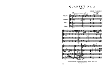 Miniature Score To Quartet No. 2 In F Major, Opus 92 by Sergei Prokofiev String Quartet - Sheet Music