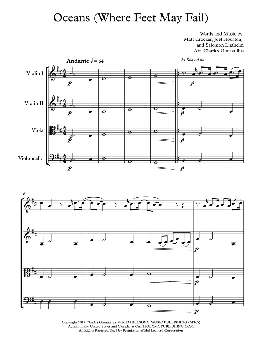 Oceans (Where Feet May Fail) String Quartet scores gallery preview page 2