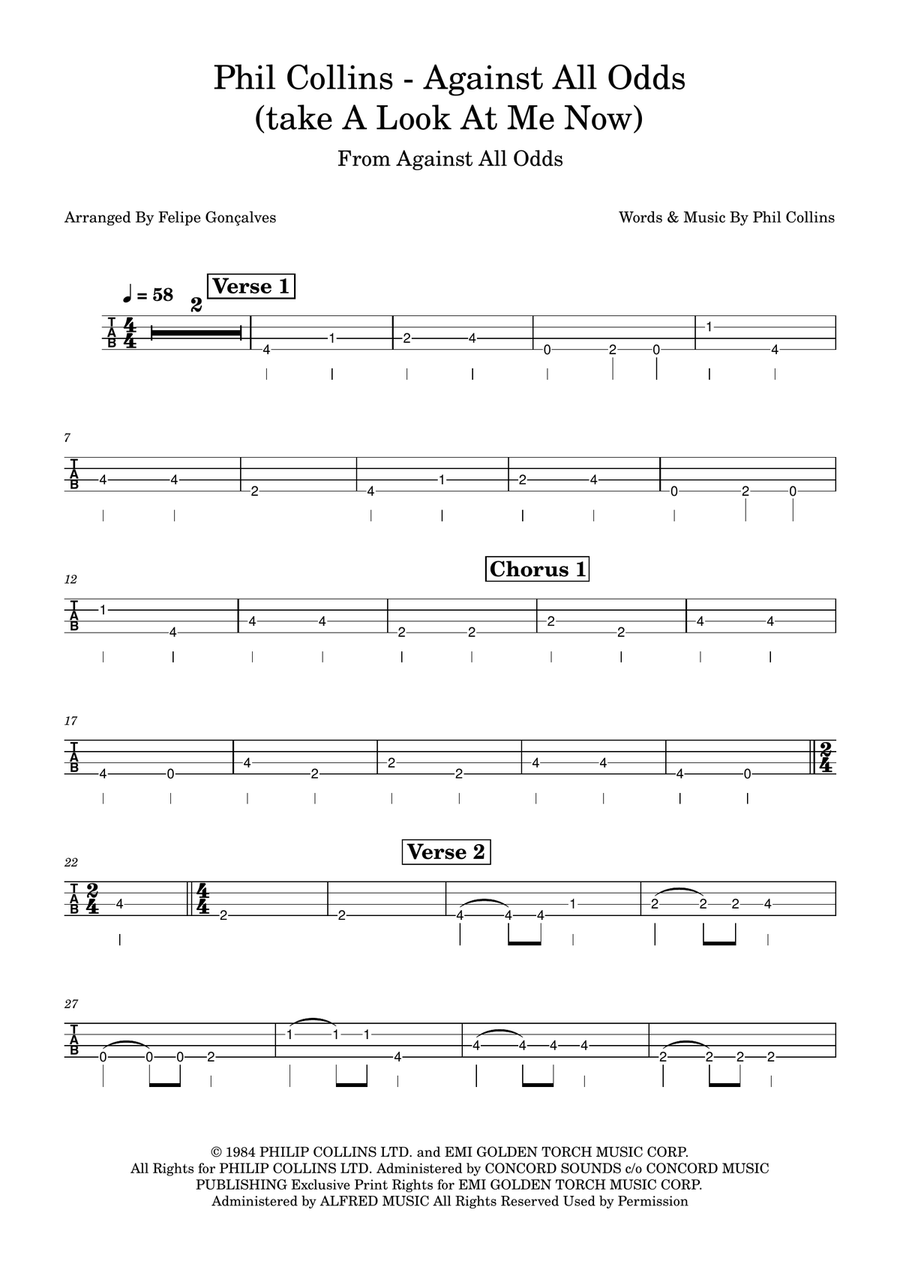 Against All Odds (Take A Look At Me Now) Bass Guitar Tablature scores gallery preview page 1