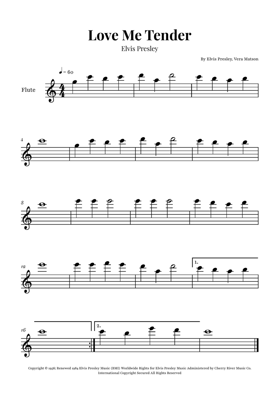 Love Me Tender Flute Solo scores gallery preview page 1