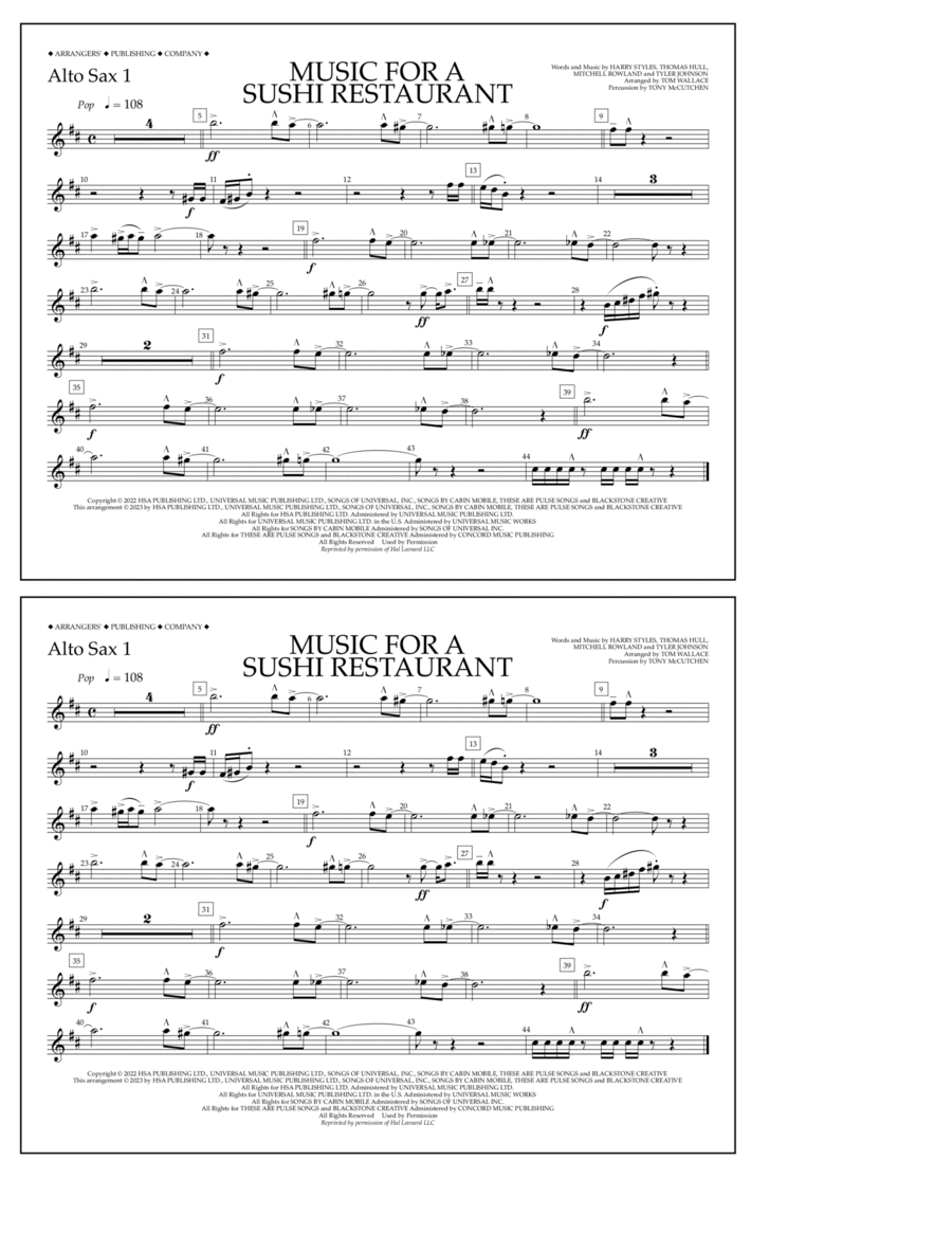 Music For A Sushi Restaurant (arr. Tom Wallace) - Alto Sax 1 Marching Band scores gallery preview page 1