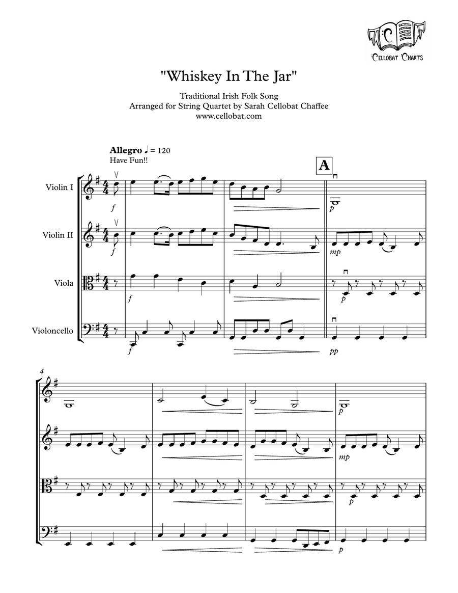 Whiskey In The Jar - String Quartet - Traditional Irish arr. Cellobat - Recording Available!
