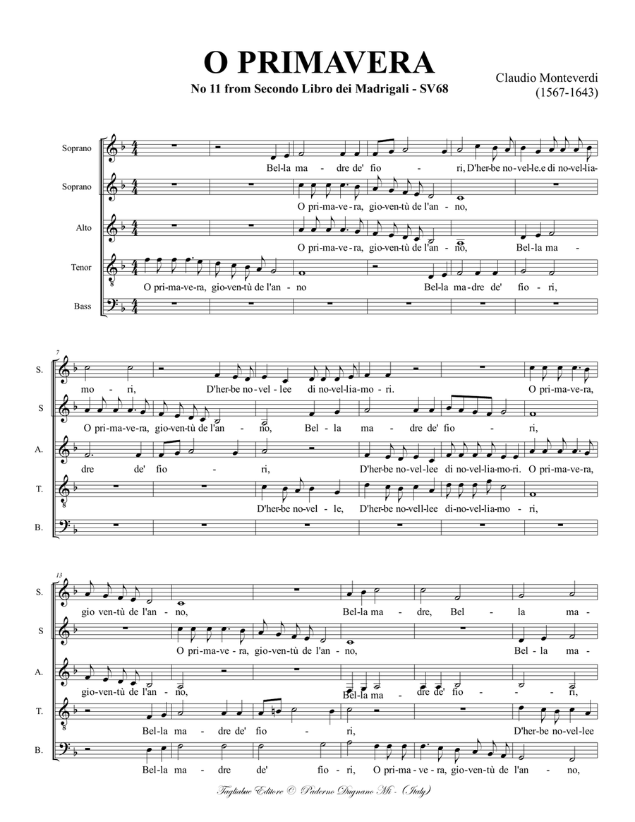 O PRIMAVERA - Claudio Monteverdi - For SSATB Choir Divisi scores gallery preview page 2