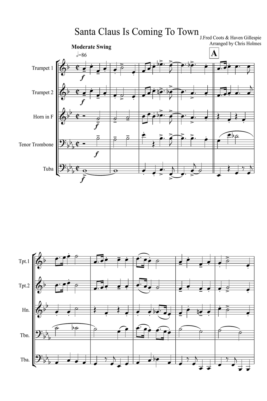 Santa Claus is coming to town Brass Ensemble scores gallery preview page 1