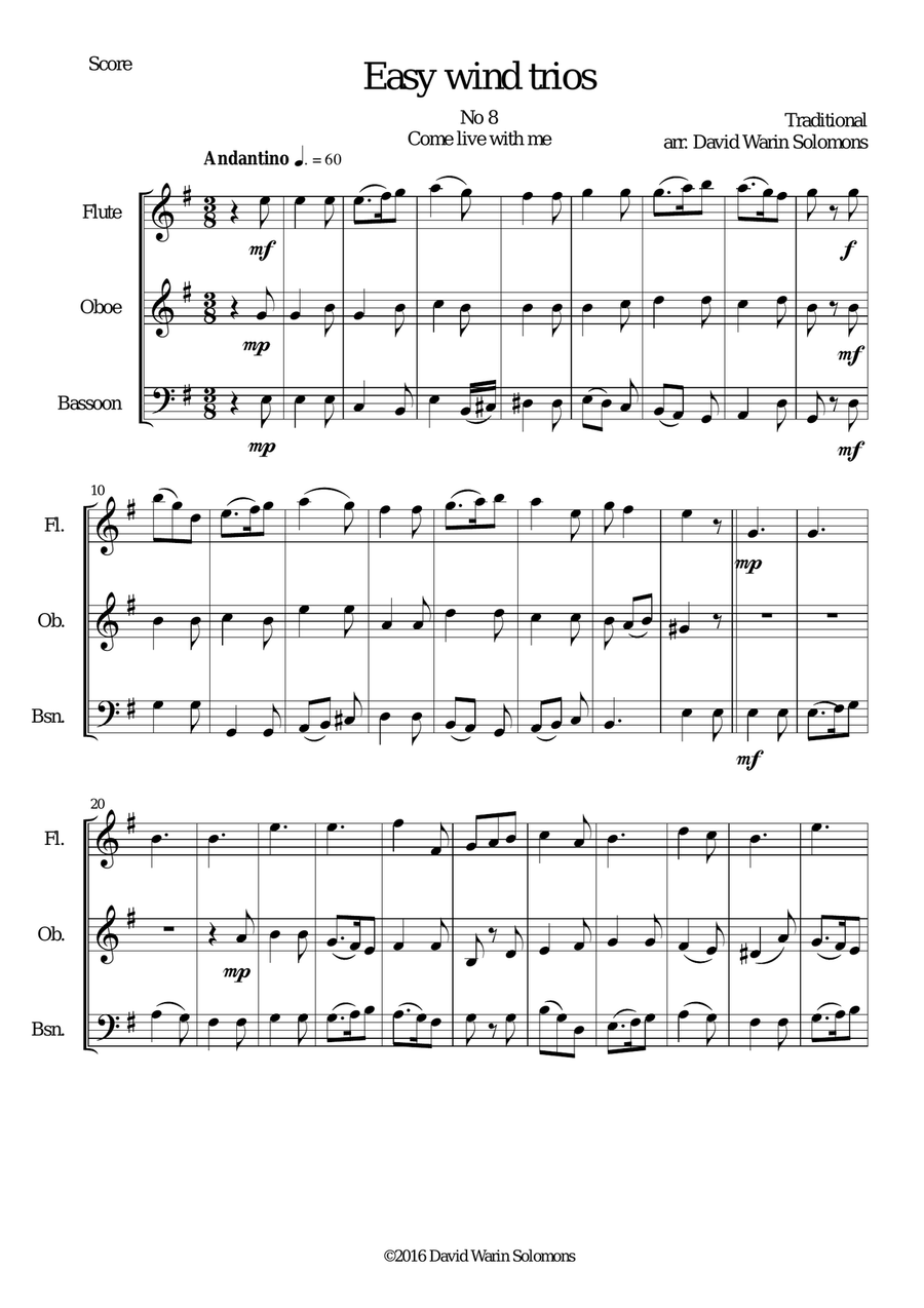 Come live with me for wind trio (flute, oboe, bassoon) Woodwind Trio scores gallery preview page 1
