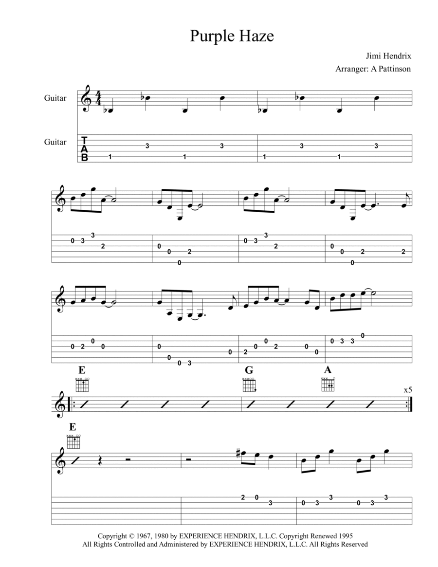 Purple Haze Guitar Tablature scores gallery preview page 1