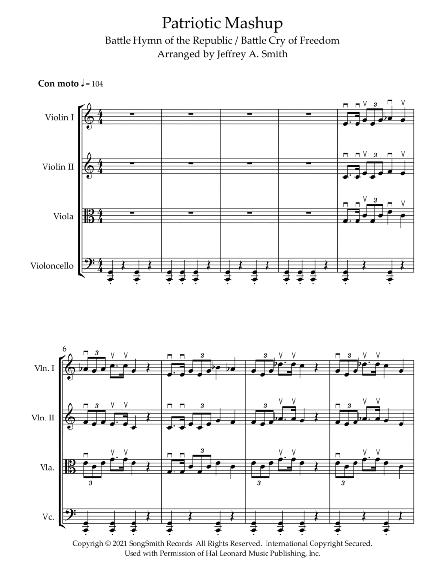 Patriotic Mashup Battle Hymn of the Republic / Battle Cry of Freedom String Quartet scores gallery preview page 1