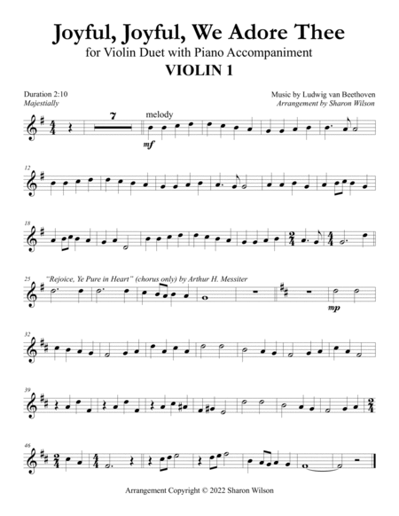 Joyful, Joyful, We Adore Thee (Violin Duet with Piano Accompaniment) image number null