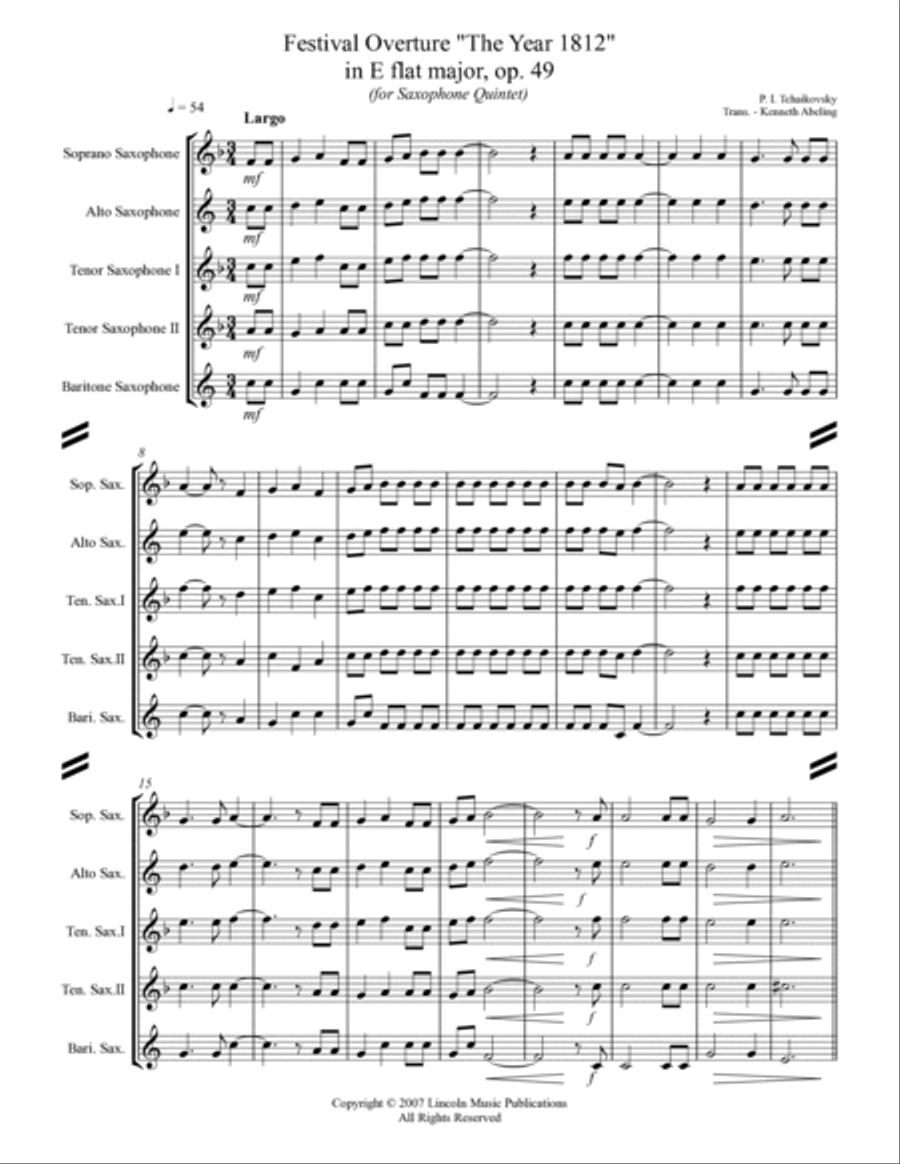 1812 Overture (for Saxophone Quintet SATTB) Saxophone Quintet scores gallery preview page 2