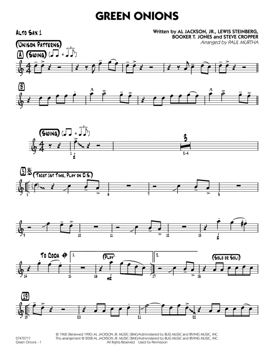 Green Onions - Alto Sax 1 Alto Saxophone scores gallery preview page 1