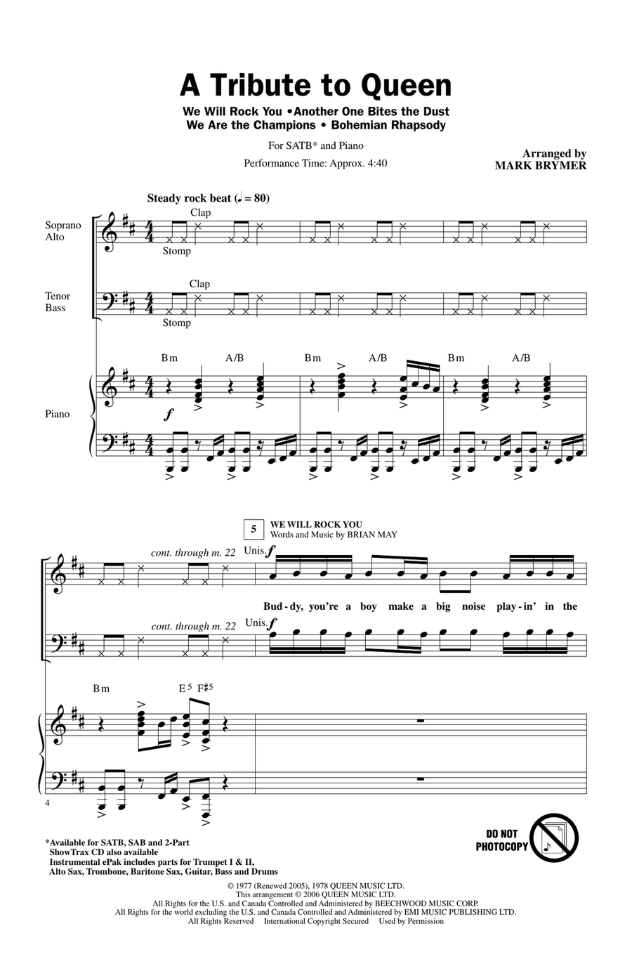A Tribute To Queen (Medley) (arr. Mark Brymer) 4-Part scores gallery preview page 1
