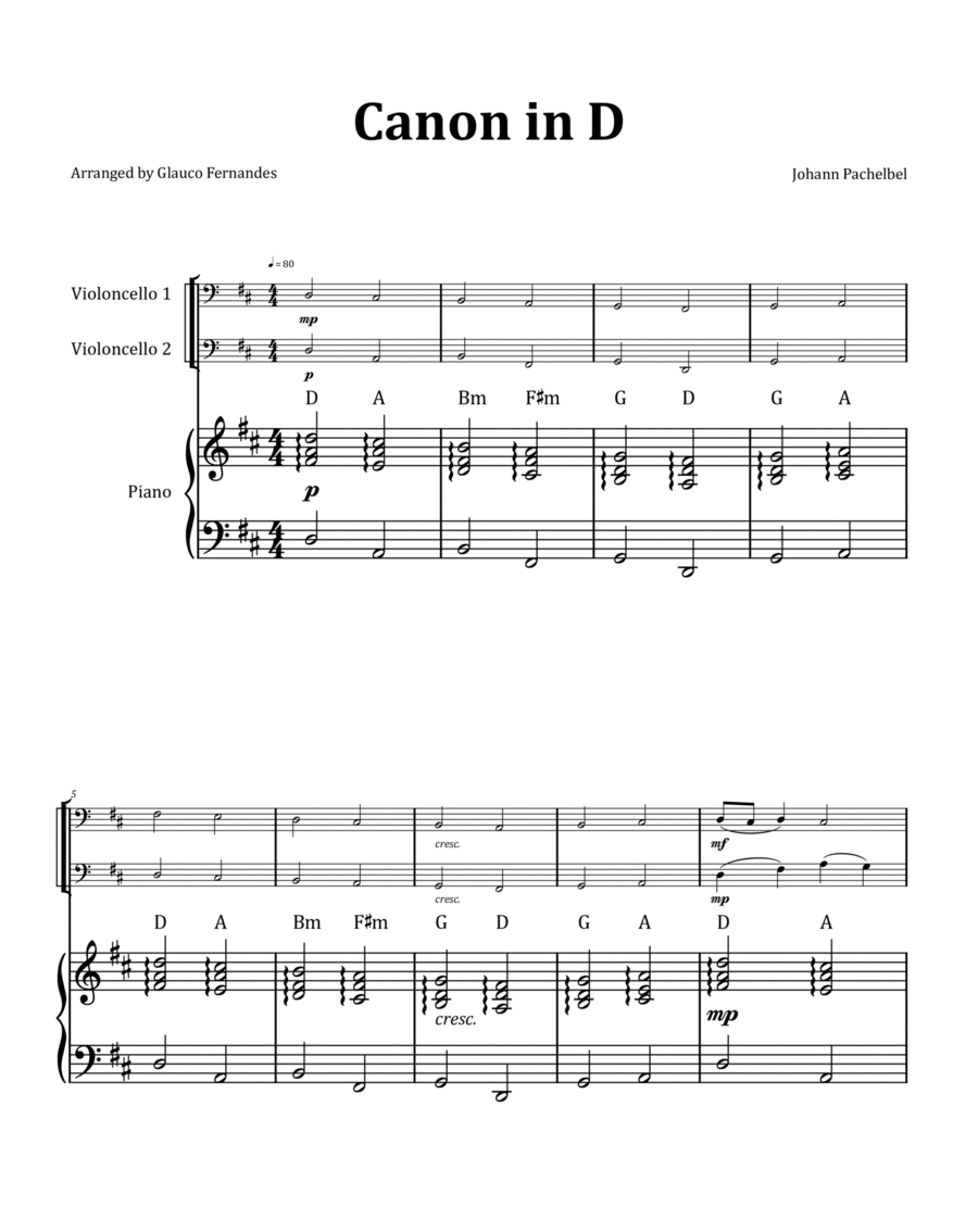 Canon by Pachelbel - Cello Duet with Piano and Chord Notation image number null