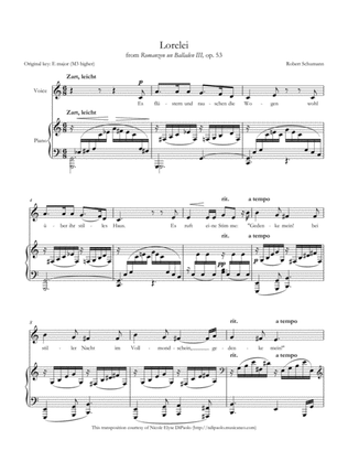 Lorelei from Romanzen und Balladen III, op. 53, Low Voice Transposition in C major