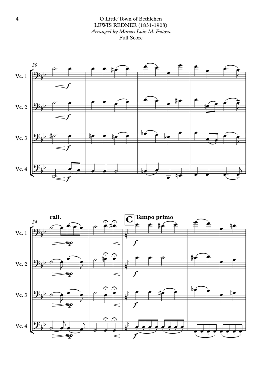 O Little Town of Bethlehem - Cello Quartet String Quartet scores gallery preview page 6