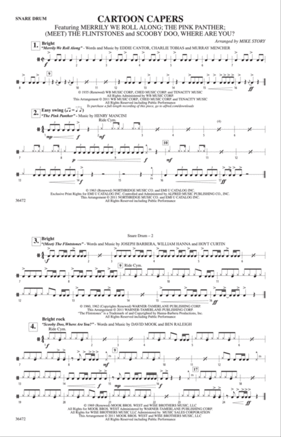 Cartoon Capers: Snare Drum Marching Band scores gallery preview page 1