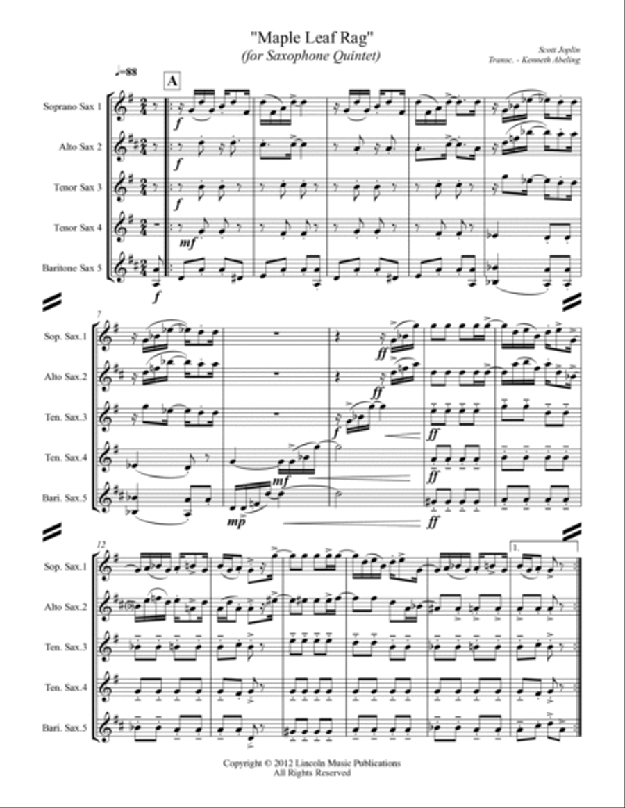 Joplin - “Maple Leaf Rag” (for Saxophone Quintet SATTB) image number null