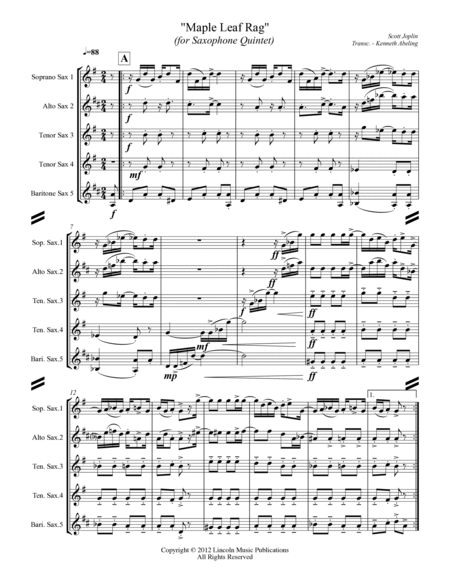 Joplin - “Maple Leaf Rag” (for Saxophone Quintet SATTB)