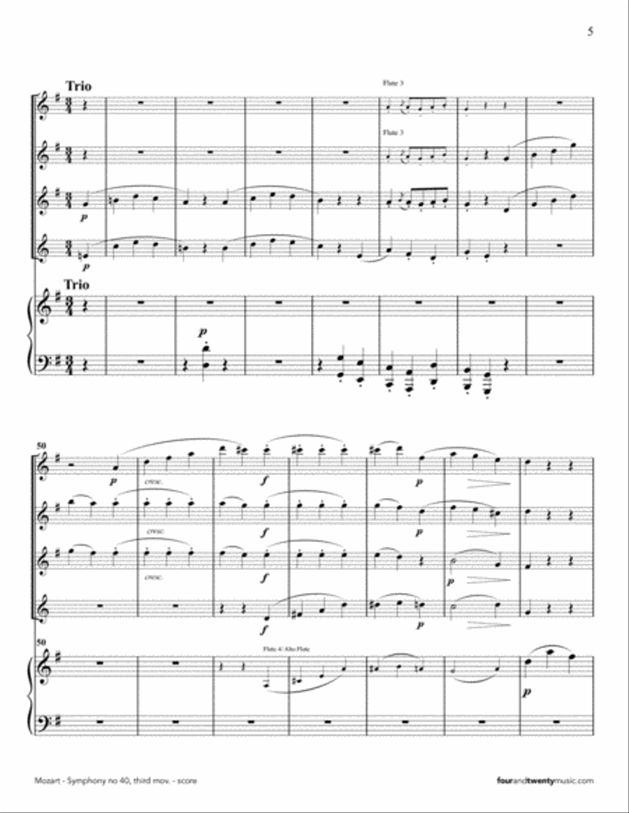 Symphony no 40, third movement (Minuetto and trio) arranged for four flutes and piano Small Ensemble scores gallery preview page 5